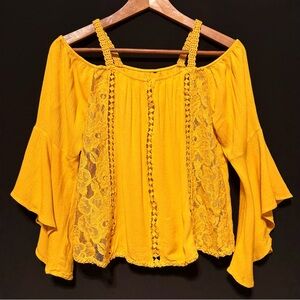 BOHO | MISS ME | Mustard Cold Shoulder Lace Bell Sleeve Top | M